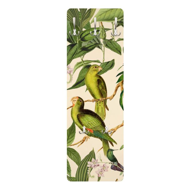 Porte-manteaux muraux verts Collage Vintage - Perroquets dans la jungle