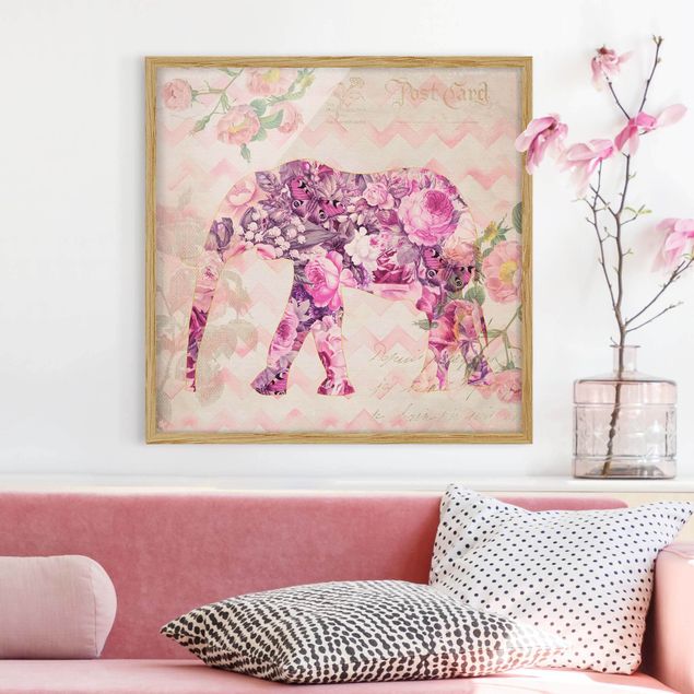 Tableaux éléphants Collage vintage - Fleurs roses éléphant