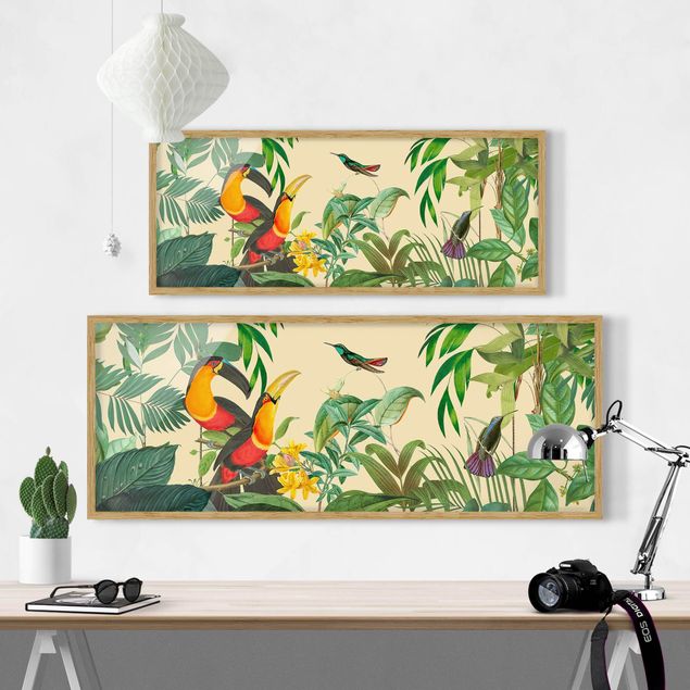 Tableau multicolore Collage Vintage - Oiseaux dans la jungle