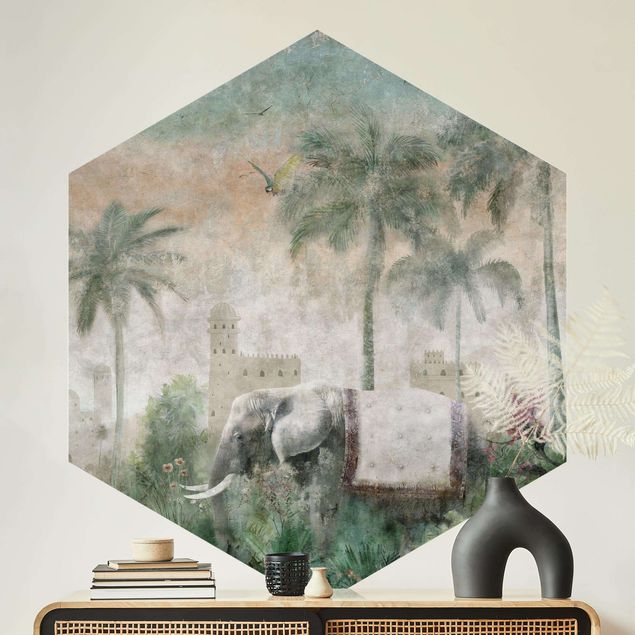 Papier peint vintage Scène de jungle vintage avec un éléphant