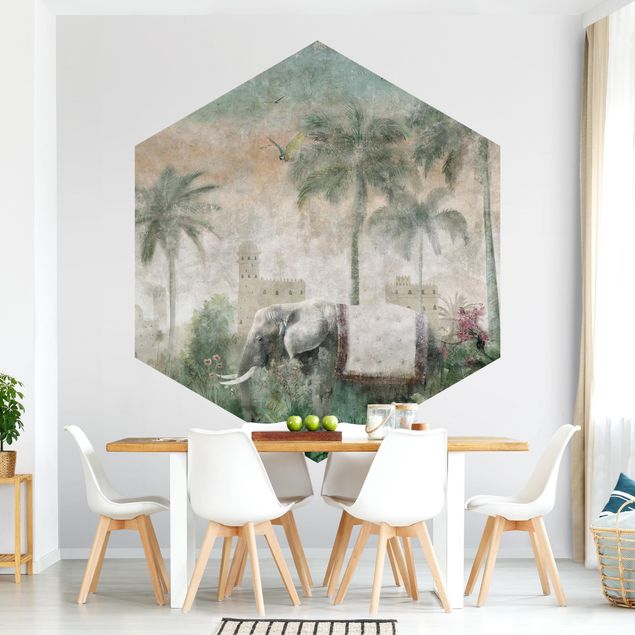 Papier peint moderne Scène de jungle vintage avec un éléphant