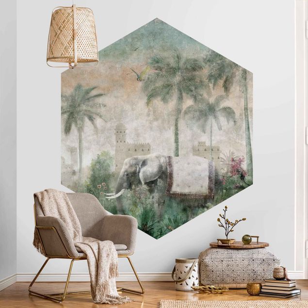 Papier peint fleurs Scène de jungle vintage avec un éléphant