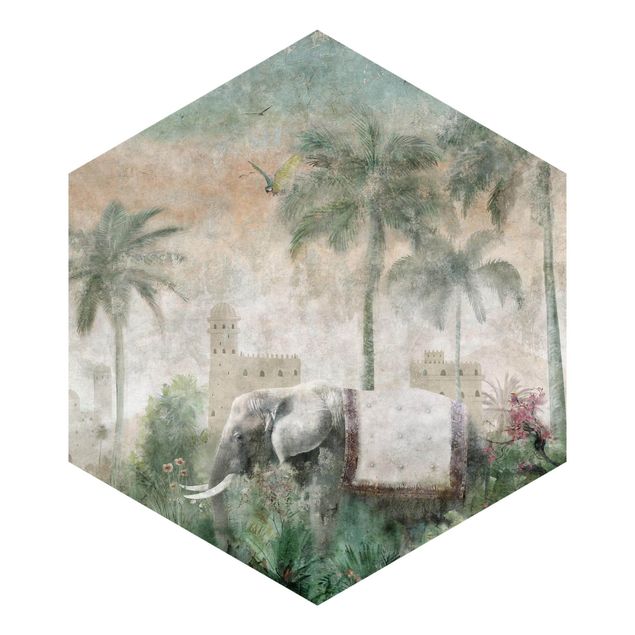 Papier peint panoramique Scène de jungle vintage avec un éléphant