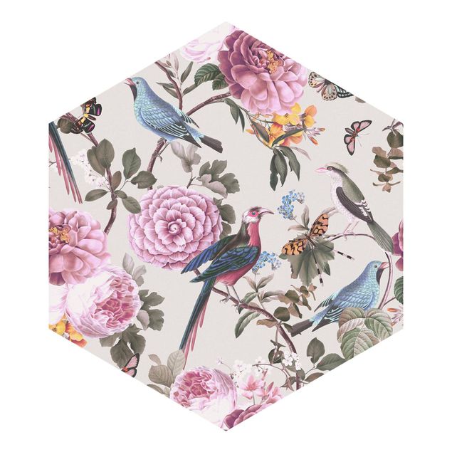 Papier peint floral Illustration vintage Oiseau De Paradis Et Pivoines