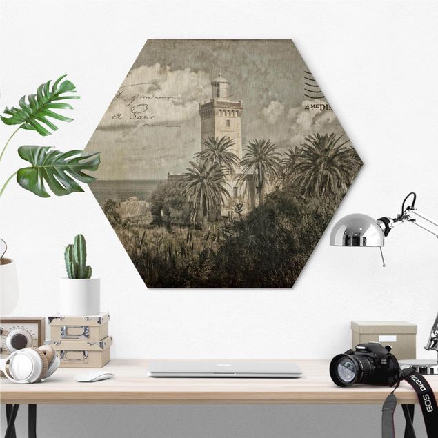Tableaux muraux Vintage Postcard With Lighthouse And Palm Trees