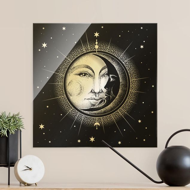 Tableaux en verre noir et blanc Illustration vintage de soleil et de lune