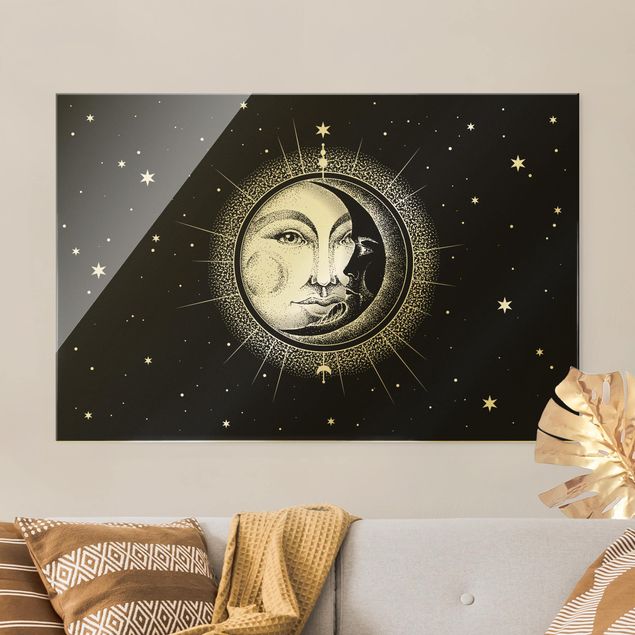 Tableaux en verre noir et blanc Illustration vintage de soleil et de lune