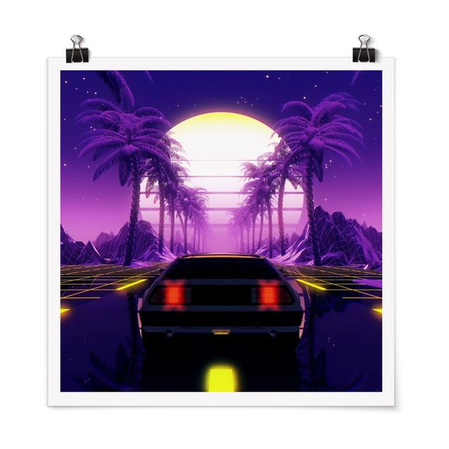Tableaux lilas Vintage Video Car With Palm Trees