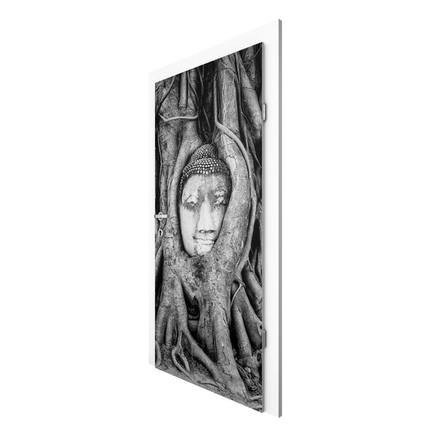 Papiers peints pour portes fleurs Bouddha d'Ayutthaya doublé de racines d'arbres en noir et blanc