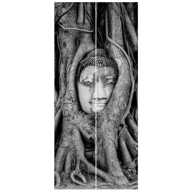 Papiers peints modernes Bouddha d'Ayutthaya doublé de racines d'arbres en noir et blanc