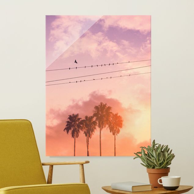 Tableaux en verre coucher de soleil Oiseaux sur une ligne électrique