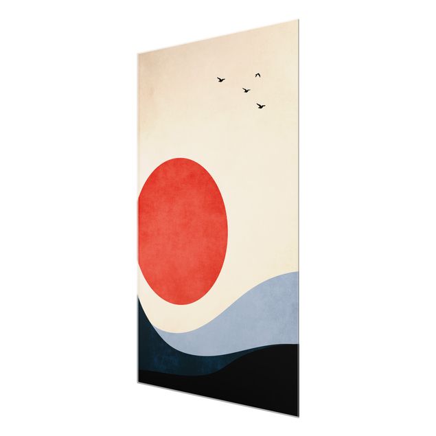 Tableau art abstrait Oiseaux dans un coucher de soleil rouge