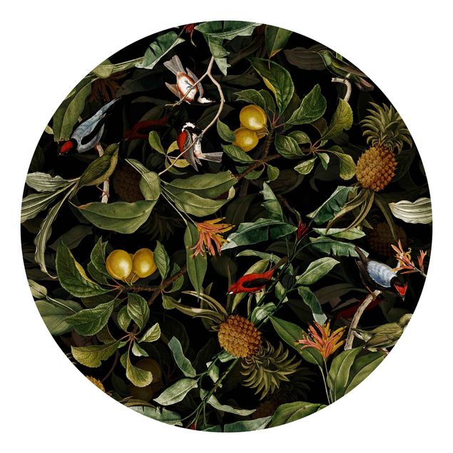 Papier peint floral Oiseaux avec Ananas Vert