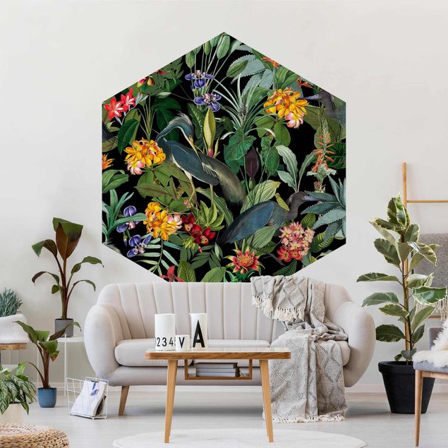 Papier peint moderne Oiseaux avec Fleurs Tropicales