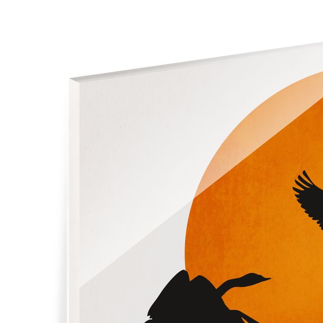 Tableau orange Oiseaux devant un soleil rouge