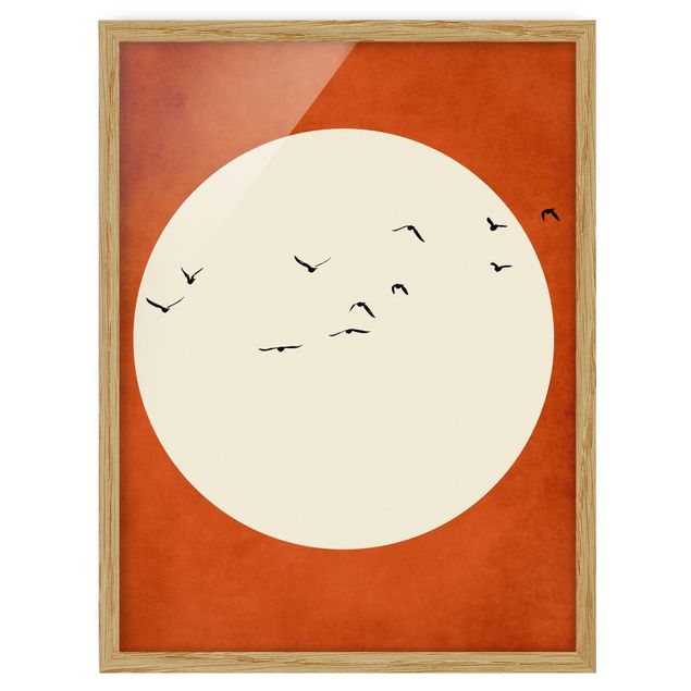 Tableaux moderne Volée d'oiseaux dans un coucher de soleil rouge