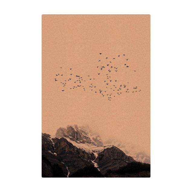 Tapis en liège - Flock Of Birds In Front Of Mountains Black And White - Format portrait 2:3