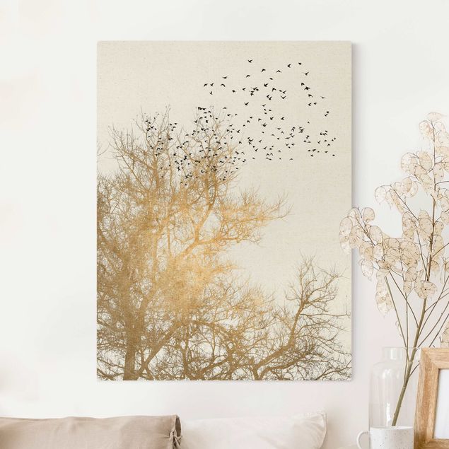 Déco murale cuisine Foule d'oiseaux devant un arbre doré