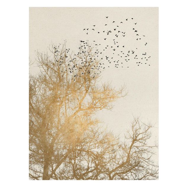 Tableau moderne Foule d'oiseaux devant un arbre doré