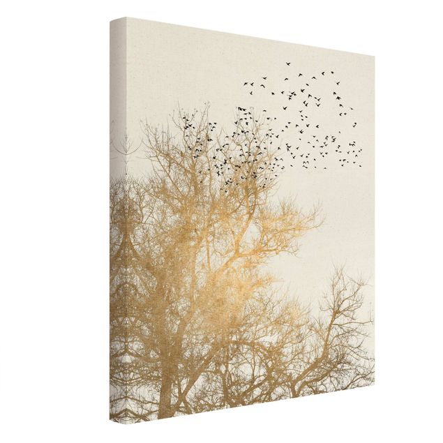 Tableau animaux Foule d'oiseaux devant un arbre doré