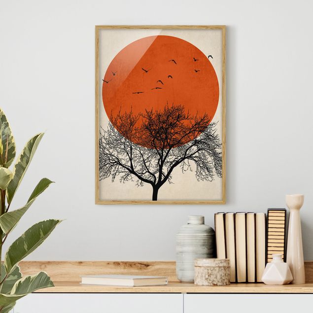 Tableau paysage Volée d'oiseaux devant un soleil rouge II