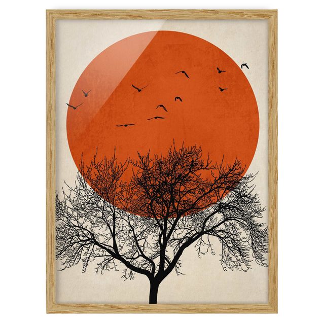 Affiches encadrées animaux Volée d'oiseaux devant un soleil rouge II