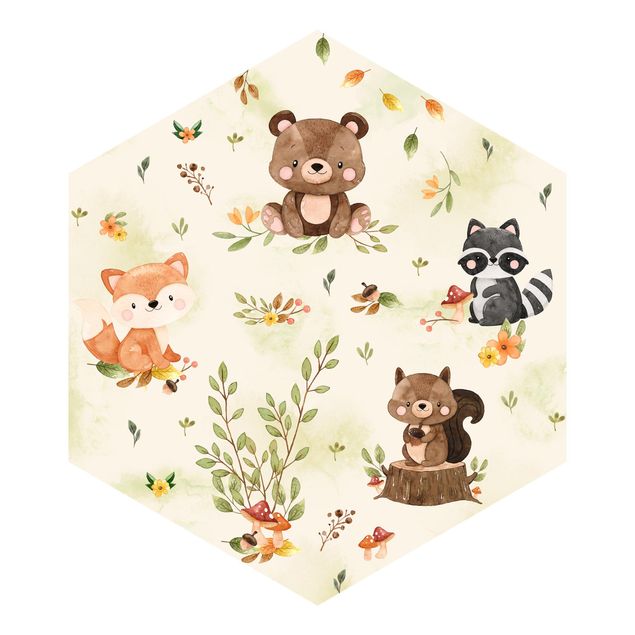 Papier peint hexagonal autocollant avec dessins - Forest Animals Autumn Bear Squirrel Raccoon