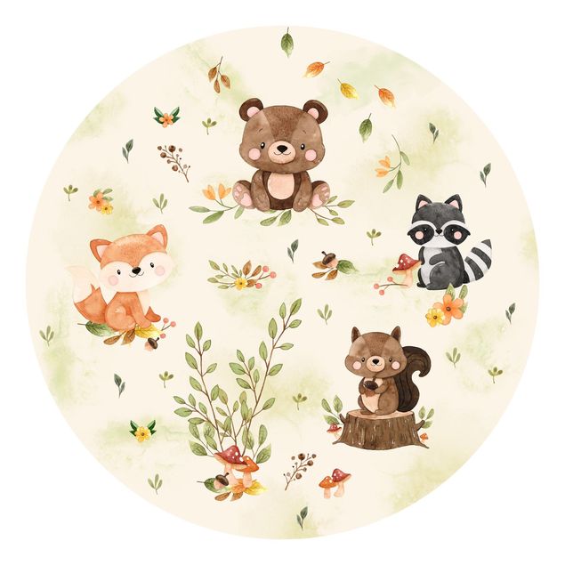 Papier peint rond autocollant - Forest Animals Autumn Bear Squirrel Raccoon