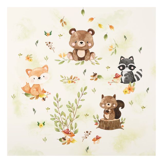 Tableau moderne Animaux de la forêt en automne Ours Écureuil Raton laveur