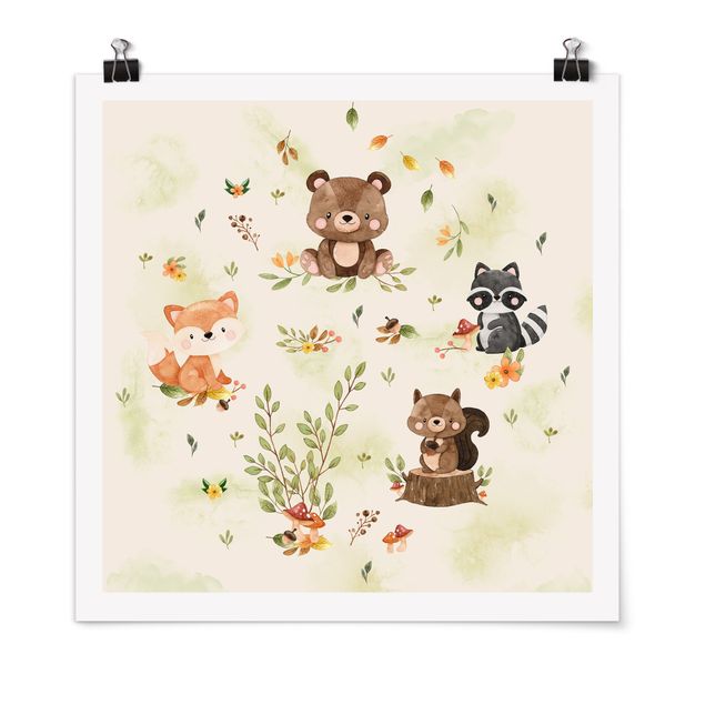 Tableaux ours Animaux de la forêt en automne Ours Écureuil Raton laveur