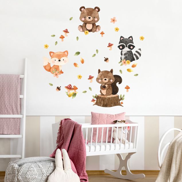 Sticker mural animaux foret Animaux de la forêt en automne Ours Écureuil Raton laveur