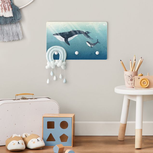 Porte manteau mural animaux Baleine - Mère et baleineau avec des rayons de lumière