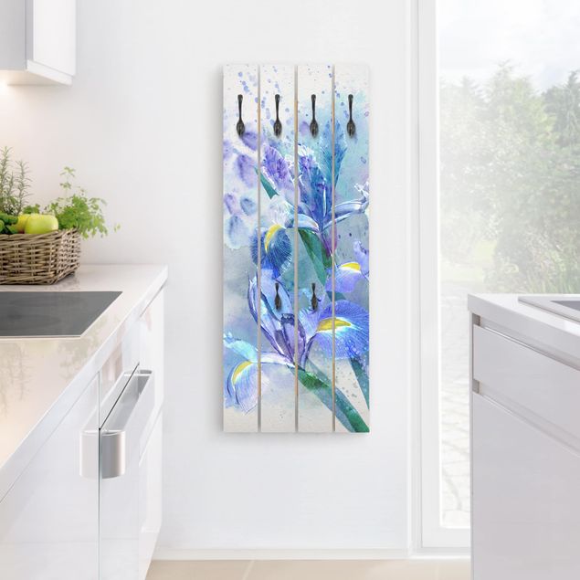 Porte-manteaux muraux effet bois Aquarelle Fleurs Iris