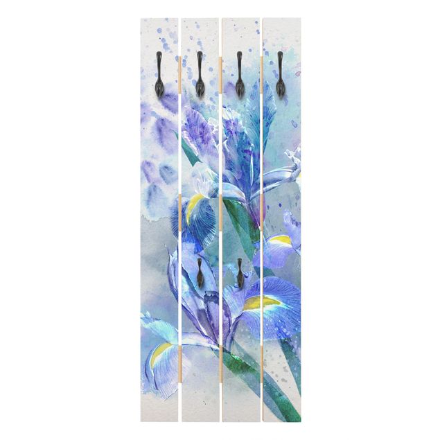 Porte manteau mural bleu Aquarelle Fleurs Iris