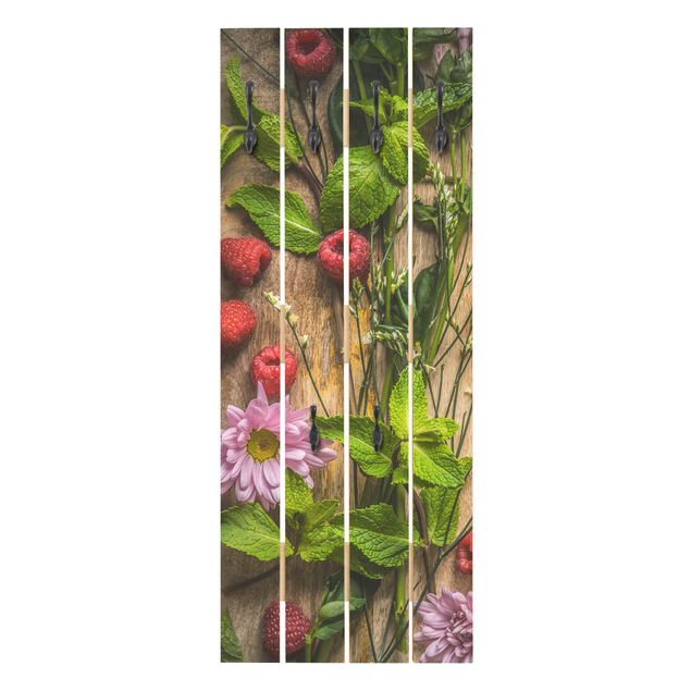 Porte-manteaux muraux effet bois Fleurs Framboises Menthe