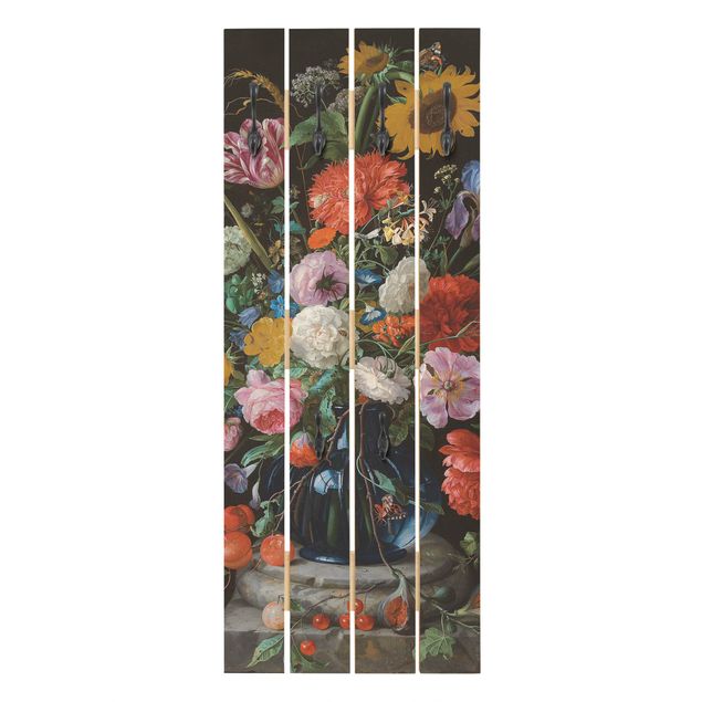 Porte-manteaux muraux effet bois Jan Davidsz de Heem - Des tulipes, un tournesol, un iris et d'autres fleurs dans un vase en verre sur le socle en marbre d'une colonne