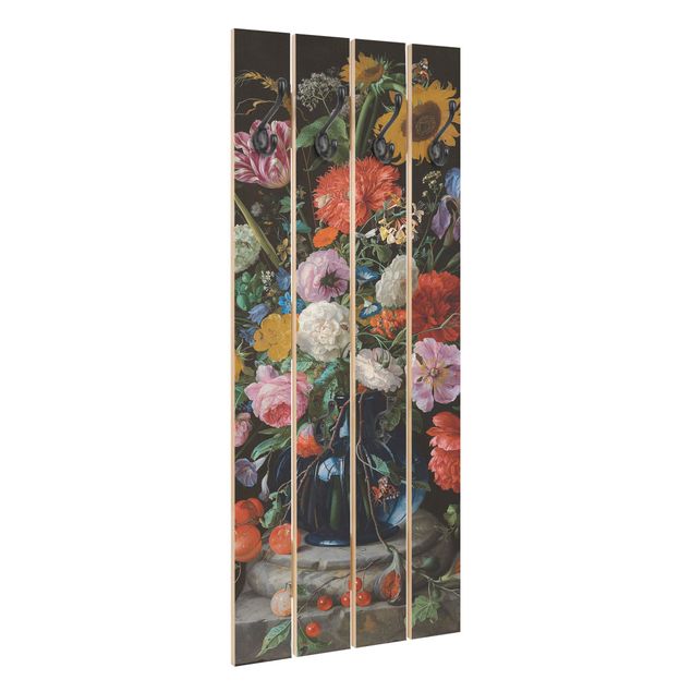 Porte manteau mural couleur Jan Davidsz de Heem - Des tulipes, un tournesol, un iris et d'autres fleurs dans un vase en verre sur le socle en marbre d'une colonne