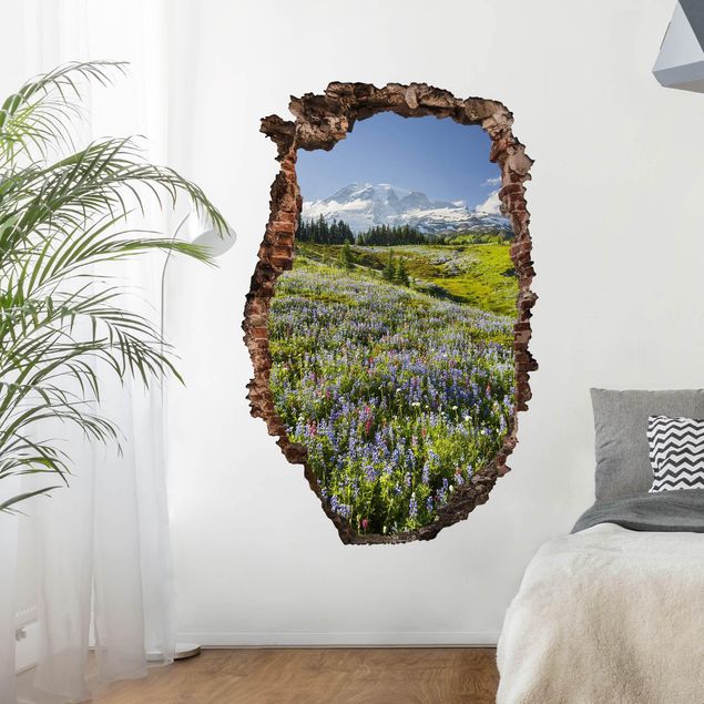 Autocollant mural 3d Mountain Meadow With Red Flowers in Front of Mt. Rainier Break Through Wall