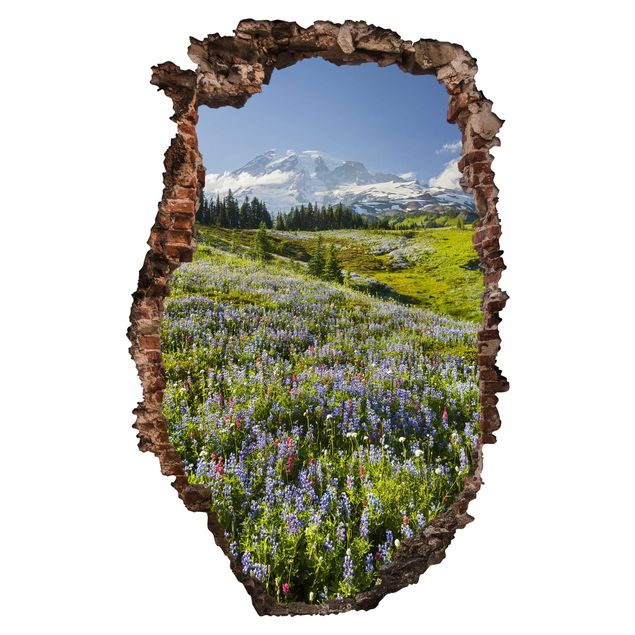 Stickers muraux paysage Mountain Meadow With Red Flowers in Front of Mt. Rainier Break Through Wall