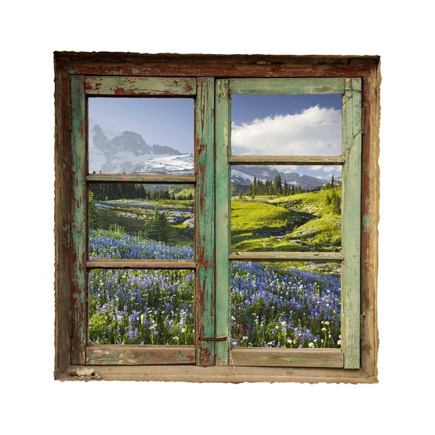 Sticker mural arbres Window View of a Mountain Meadow With Flowers in Front of Mt. Rainier