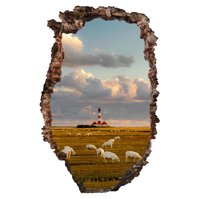 Sticker mural 3d Phare de la mer du Nord avec un troupeau de moutons