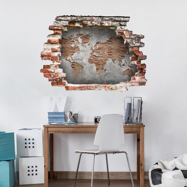 Stickers muraux effet pierre Carte du Monde en Brique de Béton Shabby