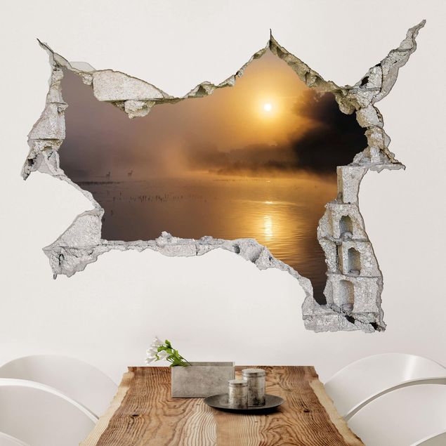 Déco murale cuisine Lever de soleil sur le lac avec des cerfs dans le brouillard