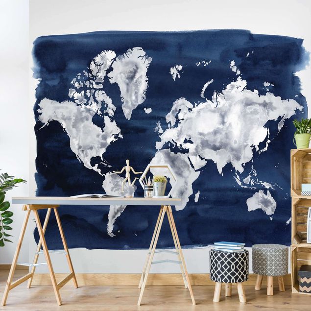 Papier peint carte du monde Carte du monde de l'eau foncé