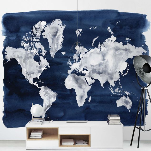 Papier peint bleu Carte du monde de l'eau foncé