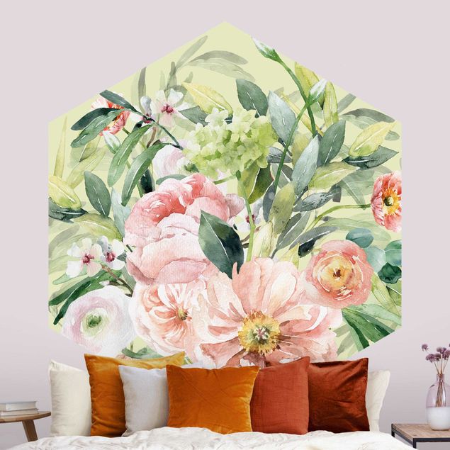 Papier peint moderne Bouquet de Fleurs Rose Aquarelle