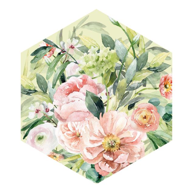 Papier peint panoramique Bouquet de Fleurs Rose Aquarelle
