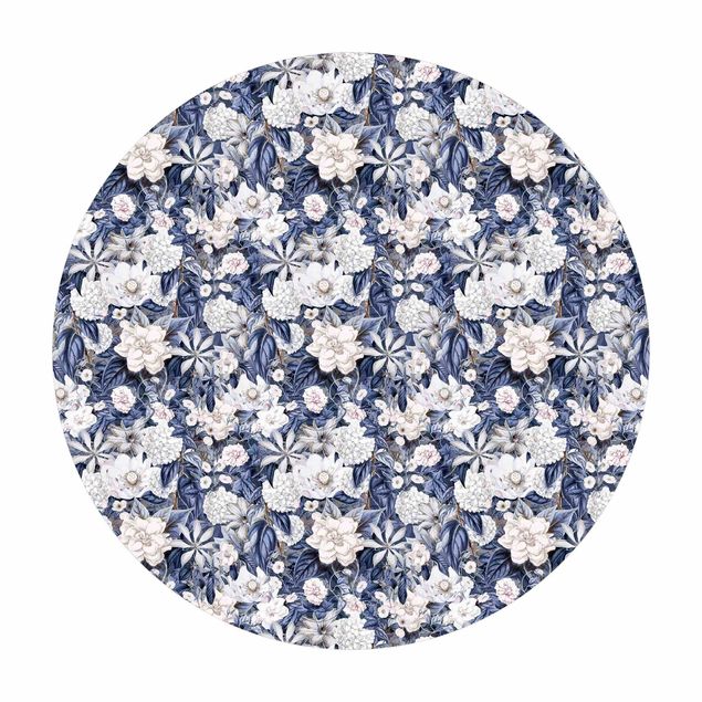 tapis style campagne chic Fleurs blanches devant bleu