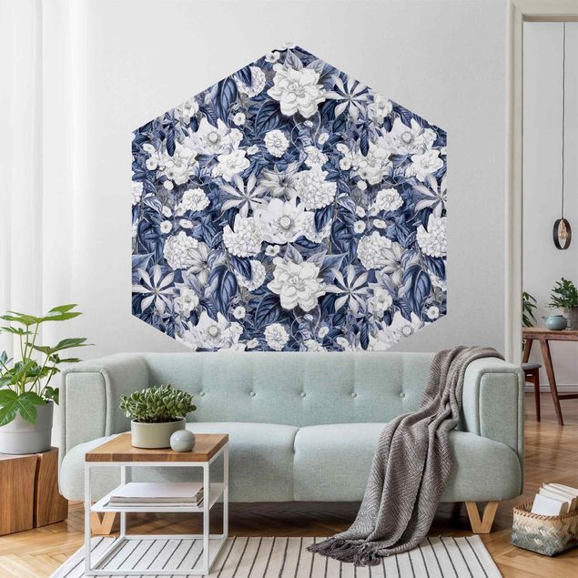 Papier peint rétro Fleurs blanches devant bleu