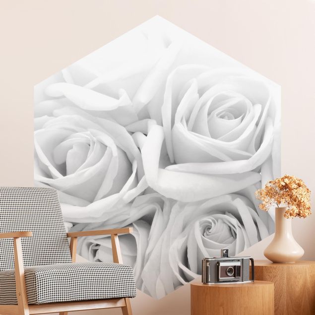 Papier peint fleurs roses Blanches noir et blanc